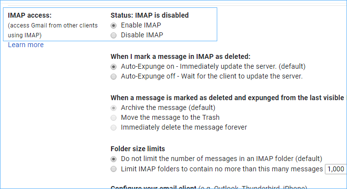 Enable IMAP for Gmail