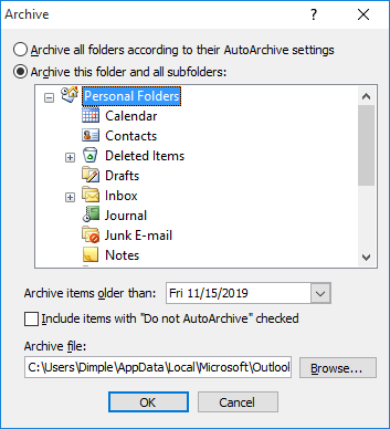 Personal Folder Archive Settings