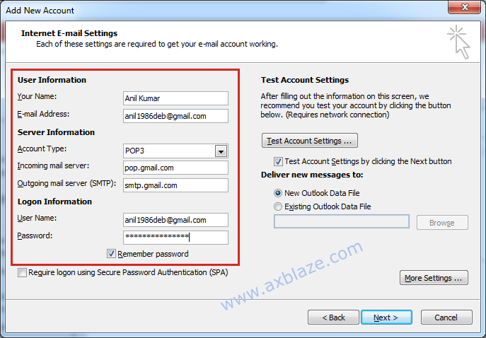 Internet Email Settings for Gmail