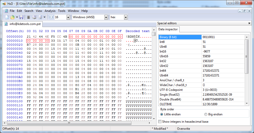Save PST File in Hex Editor