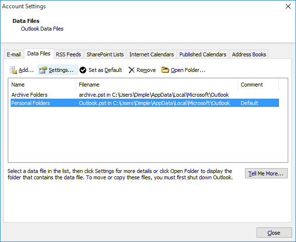 Outlook Data File Settings