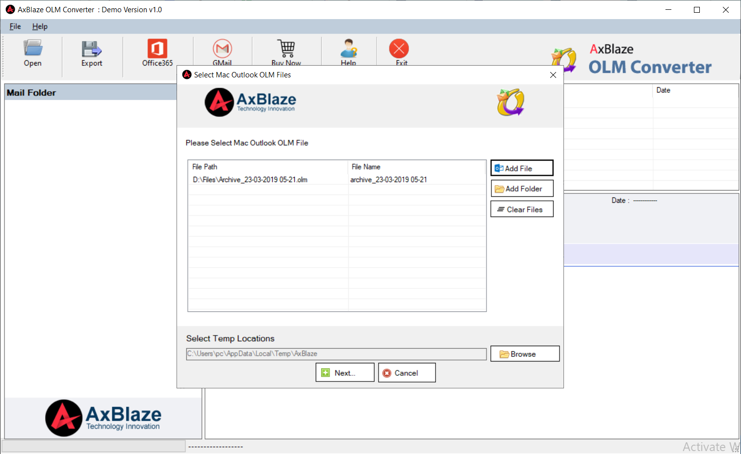 AxBlaze OLM to PST Converter