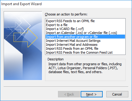 Outlook Import and Export Wizard