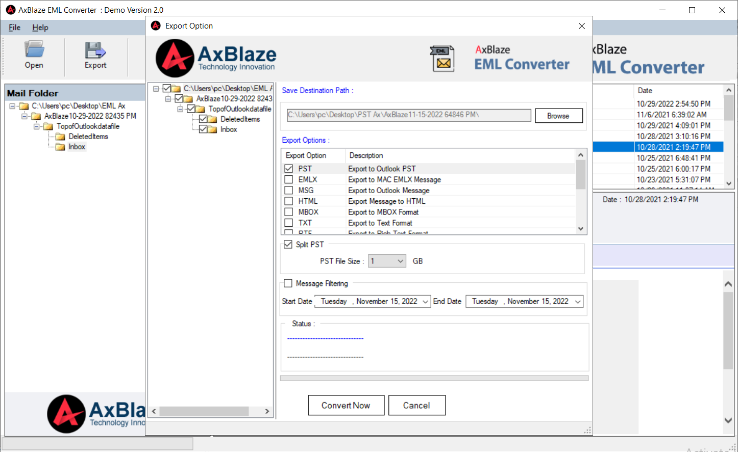 EML to PST Export Option