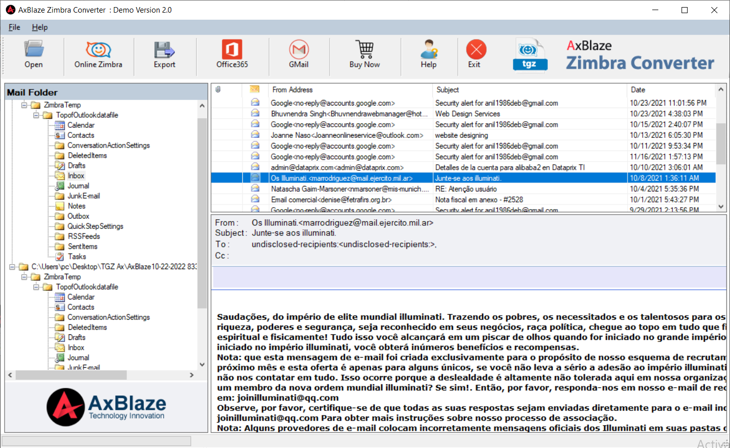 Zimbra TGZ File Preview